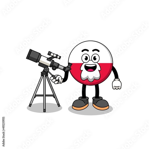 Illustration of poland flag mascot as an astronomer