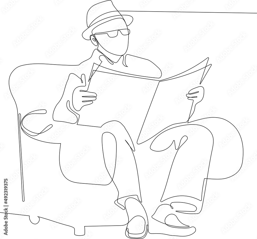 Continuous one line drawing of a relaxed senior gentleman reading a newspaper seated on an armchair. Minimal outline concept. . Vector illustration Continuous one line drawing of a relaxed senior gentleman reading a newspaper seated on an armchair. Minimal outline concept. . Vector illustration