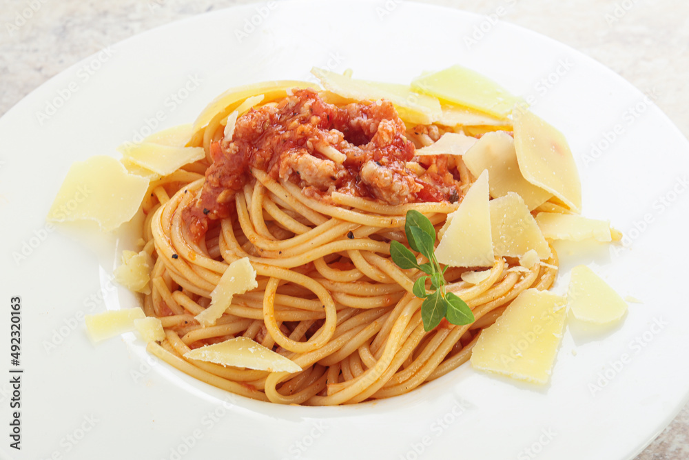 Italian pasta Spaghetti bolognese with parmesan Italian pasta Spaghetti bolognese with parmesan