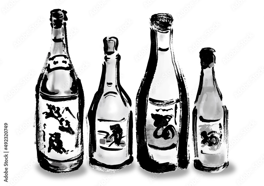 お酒が4本並んでいる 手描き和風イラスト モノクロ Stock Vector Adobe Stock