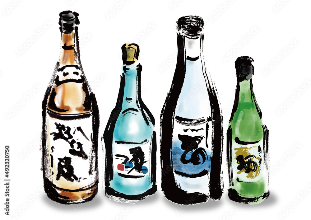 お酒が4本並んでいる 手描き和風イラスト Stock Vector Adobe Stock