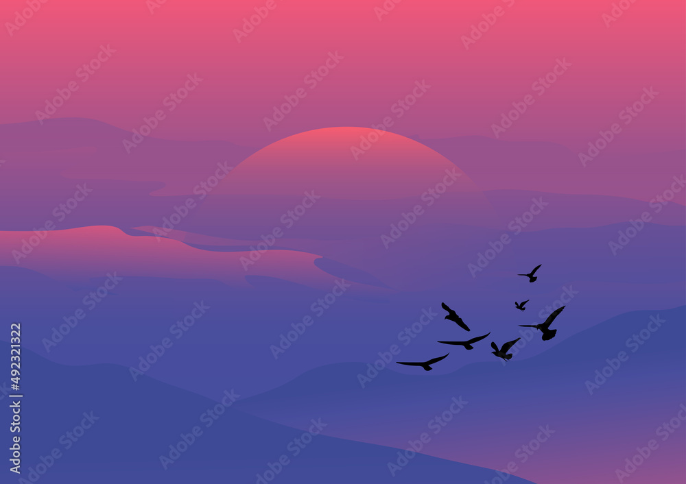 graphics drawing Landscape view sunset or sunrise win mountain background vector Illustration