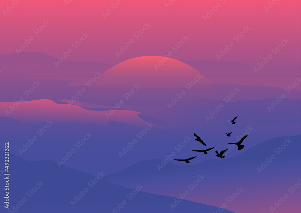 Obraz premium graphics drawing Landscape view sunset or sunrise win mountain background vector Illustration