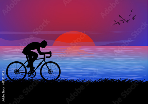 graphics image man riding a bicycle at evening with a sunset at sea  background ground vector illustration