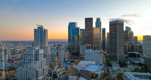 Sunset over Los Angeles downtown. Los Angeles skyline and skyscrapers. Downtown Los Angeles aerial view, business centre of the city.