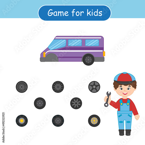 Education game for preshool children. Help mechanic find car wheel. Activity Worksheet vector design. Children funny education riddle entertainment and amusemen