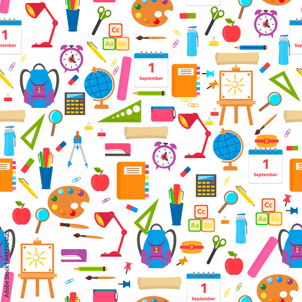 Colorful school seamless pattern. School supplies and learning symbols. Vector illustration for your creativity, packaging