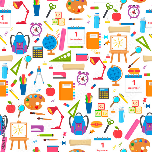 Colorful school seamless pattern. School supplies and learning symbols. Vector illustration for your creativity, packaging