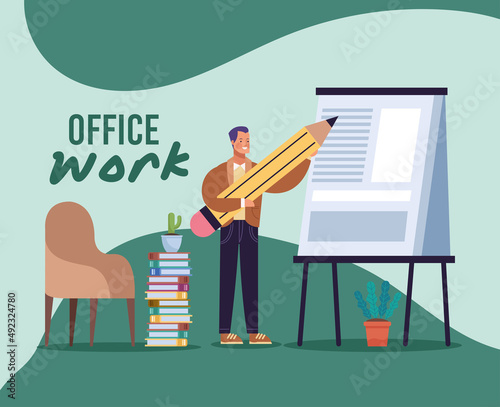 businessman and office work lettering