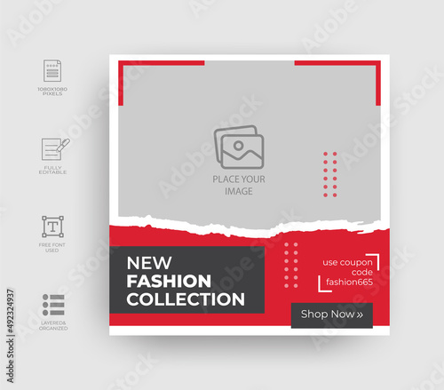Fashion sale square social media post or banner template for new arrival promotion, fully editable Instagram and Facebook square post frame puzzle organic sale poster. pink red vector background