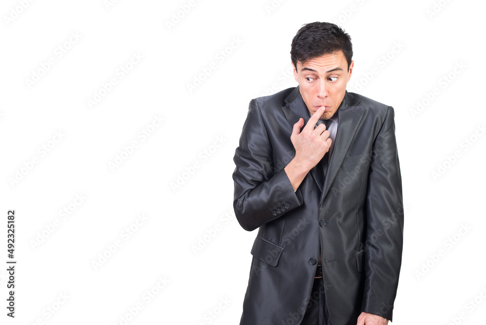 Guilty man in suit shrugging shoulders and touching lips Guilty man in suit shrugging shoulders and touching lips