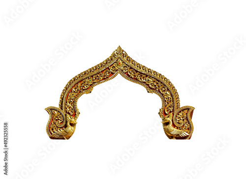  Antique gold gable temple stucco roof with engraving bird patterns isolated on white background , clipping path