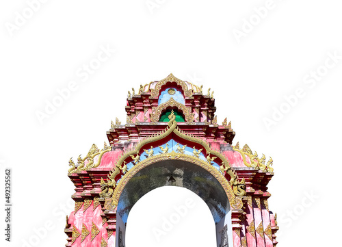 Ancient archway with engraving serpent and bird patterns in  Thailand  temple isolated on white background , clipping path © Amphawan