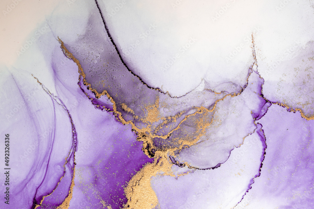 Purple gold abstract background of marble liquid ink art painting on paper . Image of original artwork watercolor alcohol ink paint on high quality paper texture . - obrazy, fototapety, plakaty 