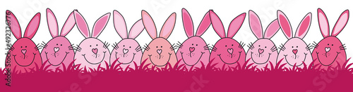 Rosa Osterhasen in pink farbenen Gras, fröhliche Ostern lustigen Ostereiern, Cartoon, Vektor, Illustration