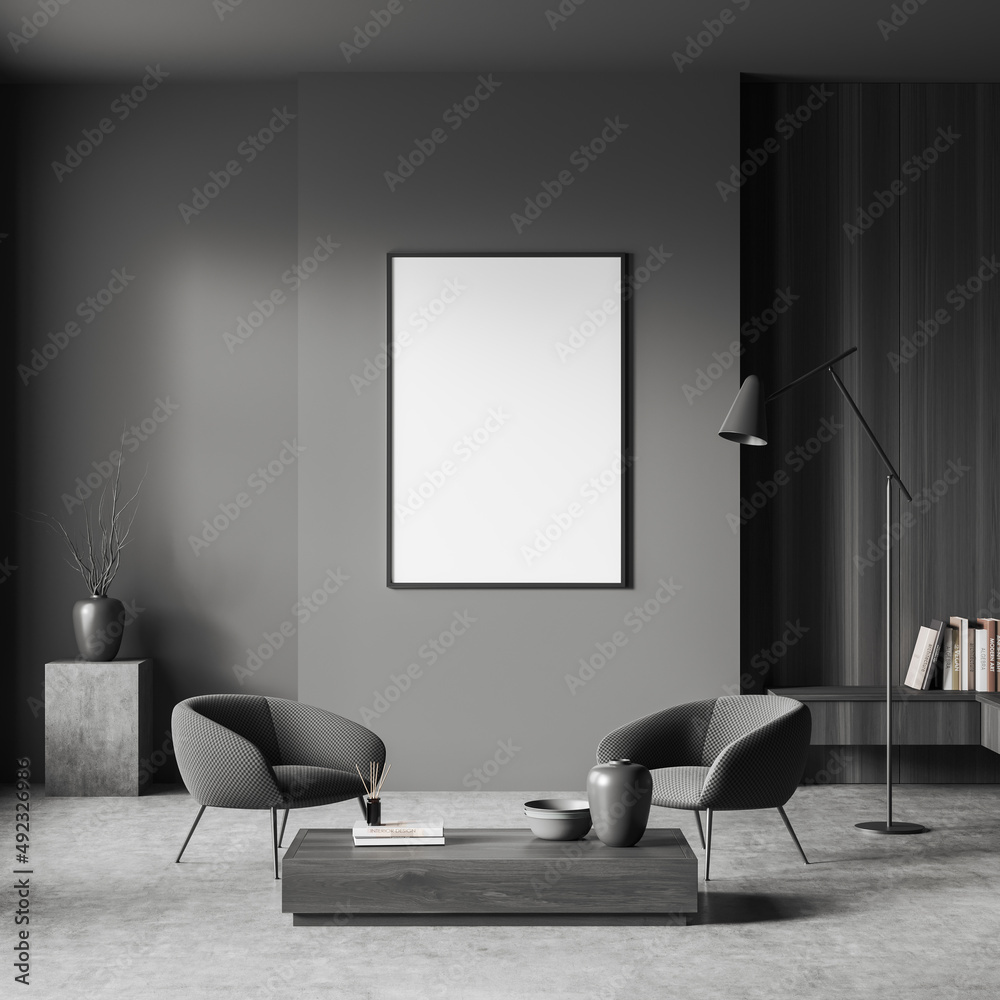 Dark living room interior with empty white poster, armchairs Dark living room interior with empty white poster, armchairs