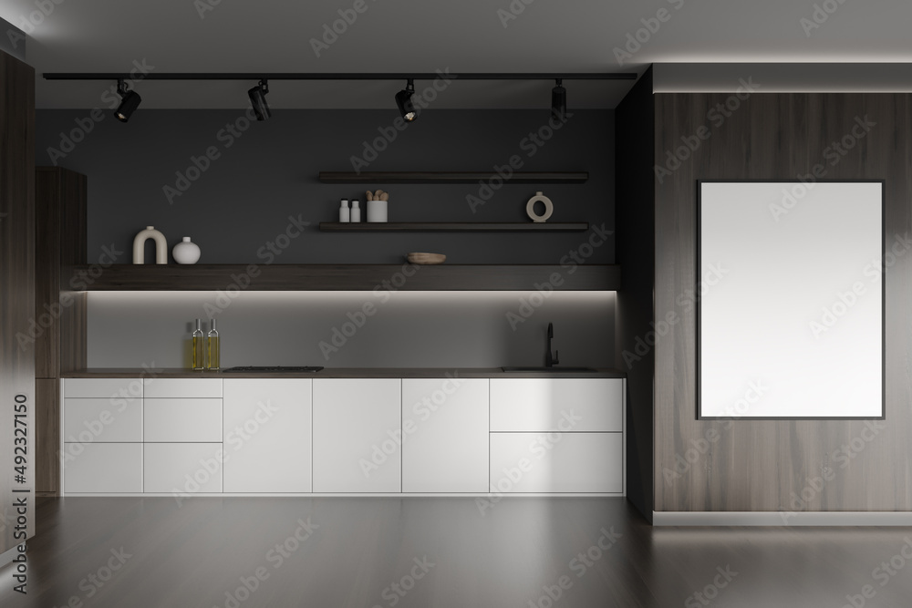 Dark kitchen room interior with empty white poster, gas cooker Dark kitchen room interior with empty white poster, gas cooker