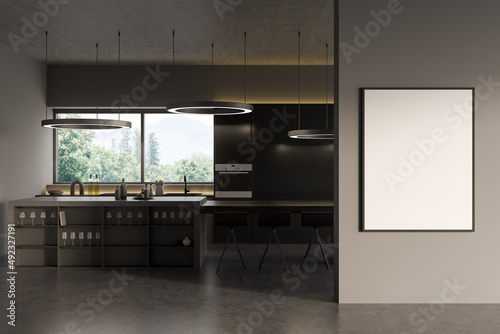 Kitchen interior with countertop and kitchenware, window and mockup frame