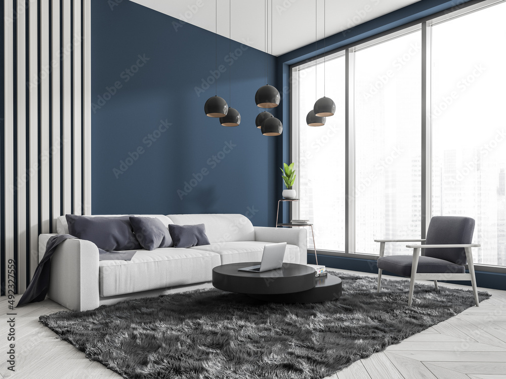 Chill zone interior with sofa and armchair, coffee table and panoramic window Chill zone interior with sofa and armchair, coffee table and panoramic window