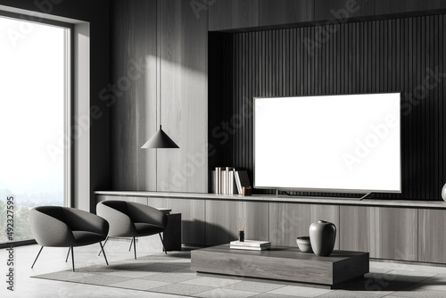Living room interior with drawer and tv set near window  mockup screen