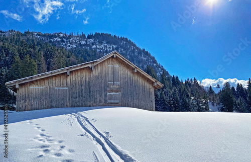 Indigenous alpine huts and wooden cattle stables on Swiss pastures covered with fresh white snow cover, Unterwasser - Obertoggenburg, Switzerland (Schweiz)