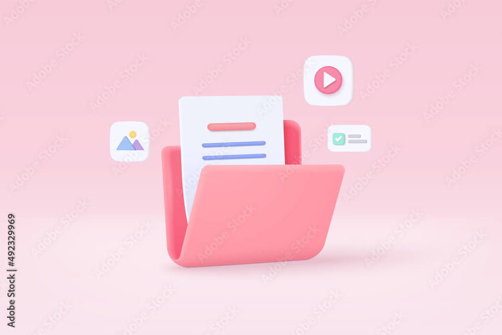 3d folder and paper for management multimedia file, document efficient work on project plan concept. Image and video document minimal folder icon. 3d vector picture render on isolated pink background - obrazy, fototapety, plakaty 
