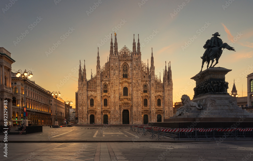 Duomo , Milan gothic cathedral at wonderful sunrise,Europe.Horizontal photo with copy-space.