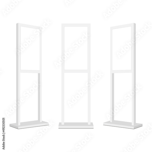 Clay Advertising Display Stand Mockup with Blank Screen, Front and Side View. Vector Illustration