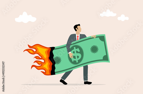 Businessman financial crisis concept, money burned, vector illustration