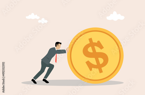 Businessman pushing a coin, business concept, vector illustration