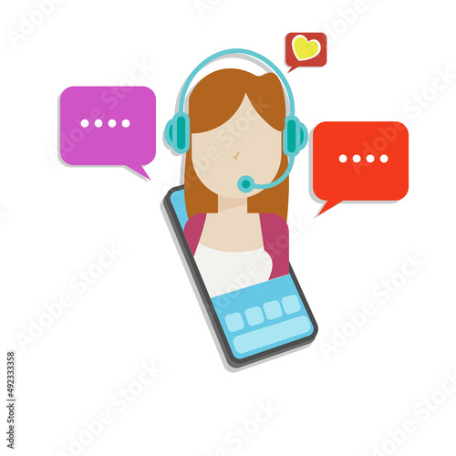 Woman Marketing, information assistant, costumer service or helpdesk on a smartphone hold by hand in flat design cartoon style, for web page, presentation or costumer service purpose