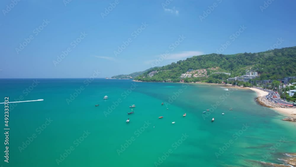Aerial view beautiful sea beach in summer day. Phuket Thailand Amazing sea with travel boats in the sea. Tourist travel destination in the andaman sea. Beautiful phuket island Aerial view beautiful sea beach in summer day. Phuket Thailand Amazing sea with travel boats in the sea. Tourist travel destination in the andaman sea. Beautiful phuket island
