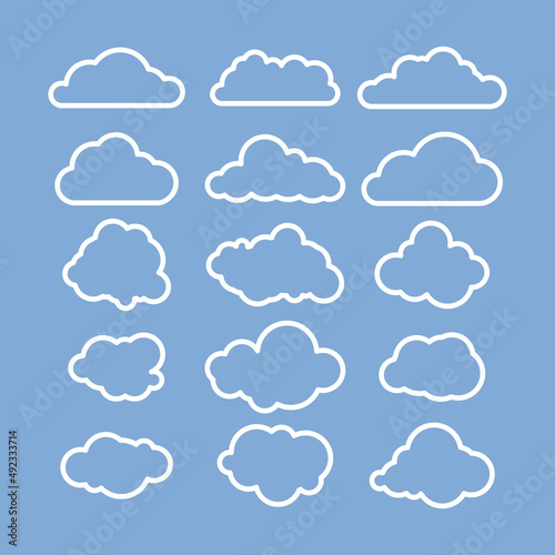 Cloud icons on a gray-blue background in a linear style for print and design. Vector illustration.