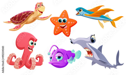 Set of underwater inhabitants in cartoon style for print, illustration and cartoons. Vector illustration. © Server