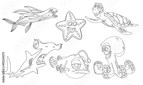 A set of underwater inhabitants in a linear style for printing and coloring. Vector illustration.