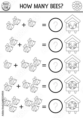 How many bees game with cute insects. On the farm black and white math addition activity. Simple line farm printable counting worksheet or coloring page for kids with beehive.