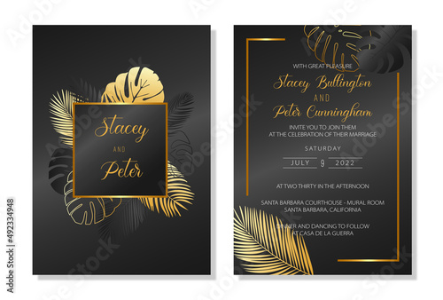 Floral wedding invitation template set with topical leaves. Botanic card design concept