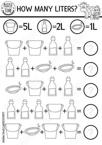 Farm how many liters black and white game with funny cow, milk dairymaid. On the farm line math addition activity or coloring page. Printable simple country counting worksheet for kids.