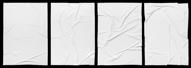Blank white crumpled paper poster texture background. White paper wrinkled poster template, white paper sticker poster mockup on wall concept