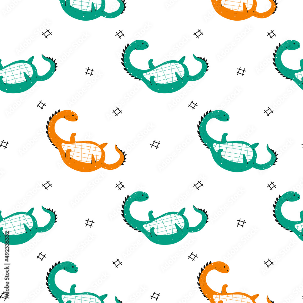 Fototapeta premium Seamless pattern with hand drawn dinosaur. Apatosaurus. Scandinavian style, flat style, doodle. children's design. Vector.