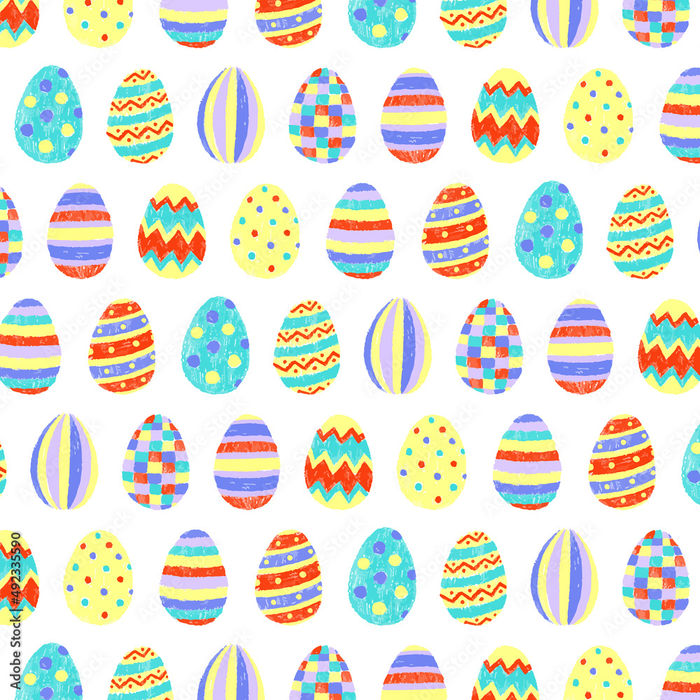 Hand drawn vector illustration of cute easter eggs pattern in handdrawn style. Multicolor eggs. Easter eggs with different texture.