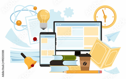 Online service or platform for online education, distance education, scientific research, internet publishing, blog, review and library. Flat vector illustration.
