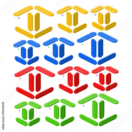 Set of colored constructor kit in isometry. 3d element. Vector illustration.