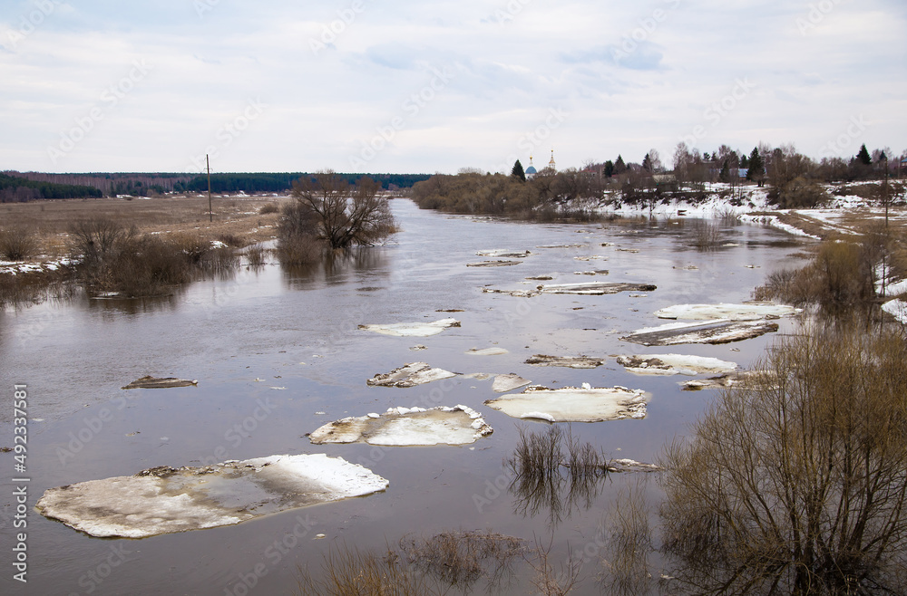 Small white ice floes lined up in a line float down the river. Spring, snow melts, dry grass all around, floods begin and the river overflows. Day, cloudy weather, soft warm light.