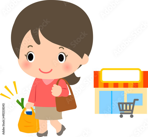 スーパーマーケットで買い物をして帰る女性