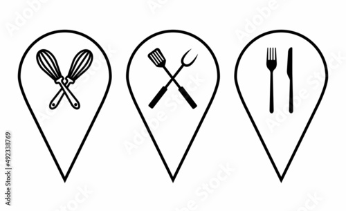 Maps and pin icons set. Location sign and symbol. Geo locate, pointer icon. Knife, fork, whisk, spatula, pitchfork concept vector icon set. Pointers of dining room, cafe, catering, kitchen utensils 