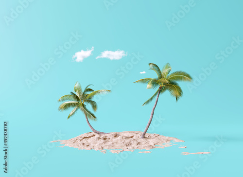 Coconut trees with beach sand on blue background. summer concept. 3d rendering © aanbetta