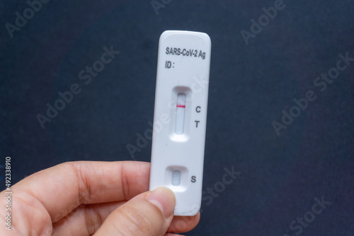 Hand holding the SARS CoV-2 virus rapid test kit with negative results. Antigen covid test