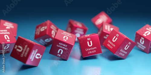 Uranium (U) radioactive chemical element, used in nuclear power, medicine, military and research. Promotional education periodic element 3D render.