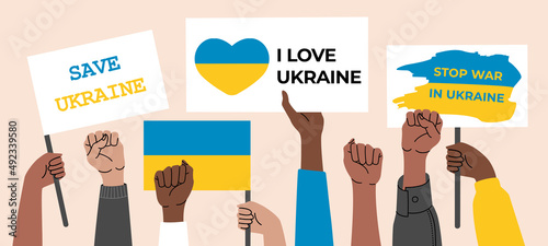Crowd of people holding posters STOP WAR IN UKRAINE, SAVE UKRAINE and hands, flags, concept of demonstration, strike. Banner and placard symbols. Vector illustration in flat style isolated background